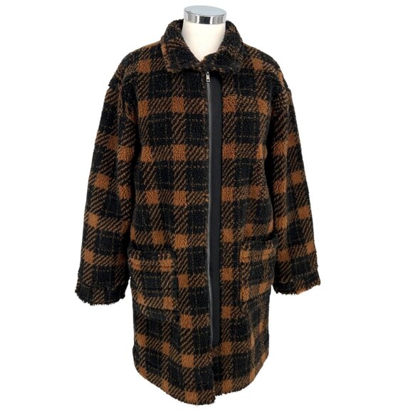 Saltwater Luxe Plaid Faux Fur Coat Black Brown Cinnamon Size Small NWT - Picture 2 of 16